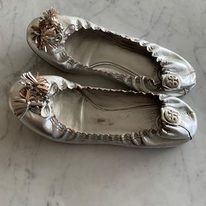 Tory Burch silver leather flats with tassels